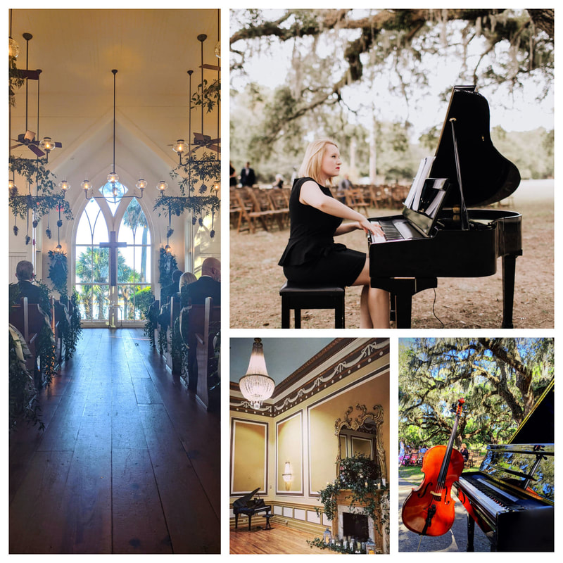 Pictures of Baby Grand Piano and Owner of Lowcountry Pianist and Company Holly Slice. Variety of Lowcountry Venues (Palmetto Bluff, Honey Horn, Francis Marion, Brookgreen Gardens)